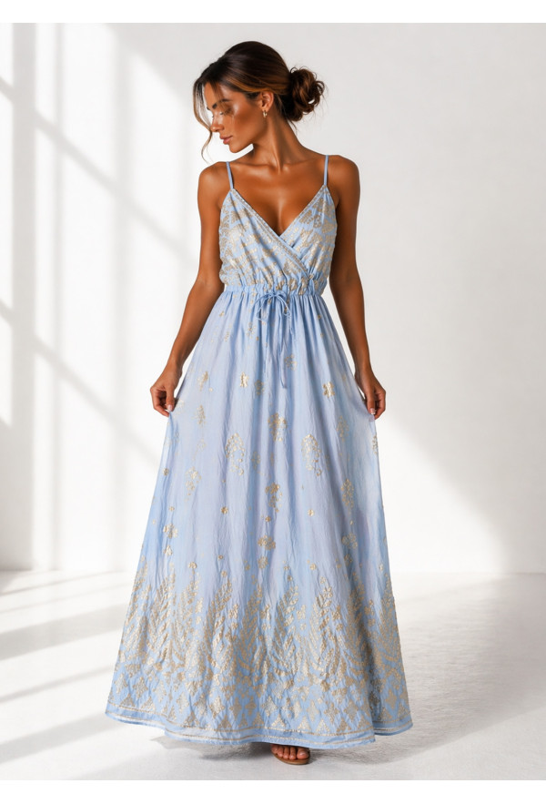 Maxi Φόρεμα με Χρυσό Κέντημα & Λεπτές Τιράντες