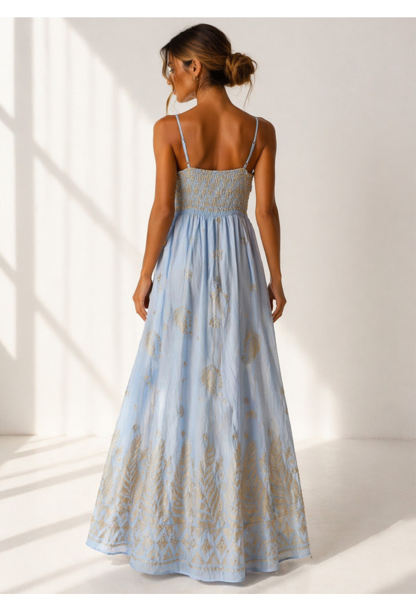 Maxi Φόρεμα με Χρυσό Κέντημα & Λεπτές Τιράντες