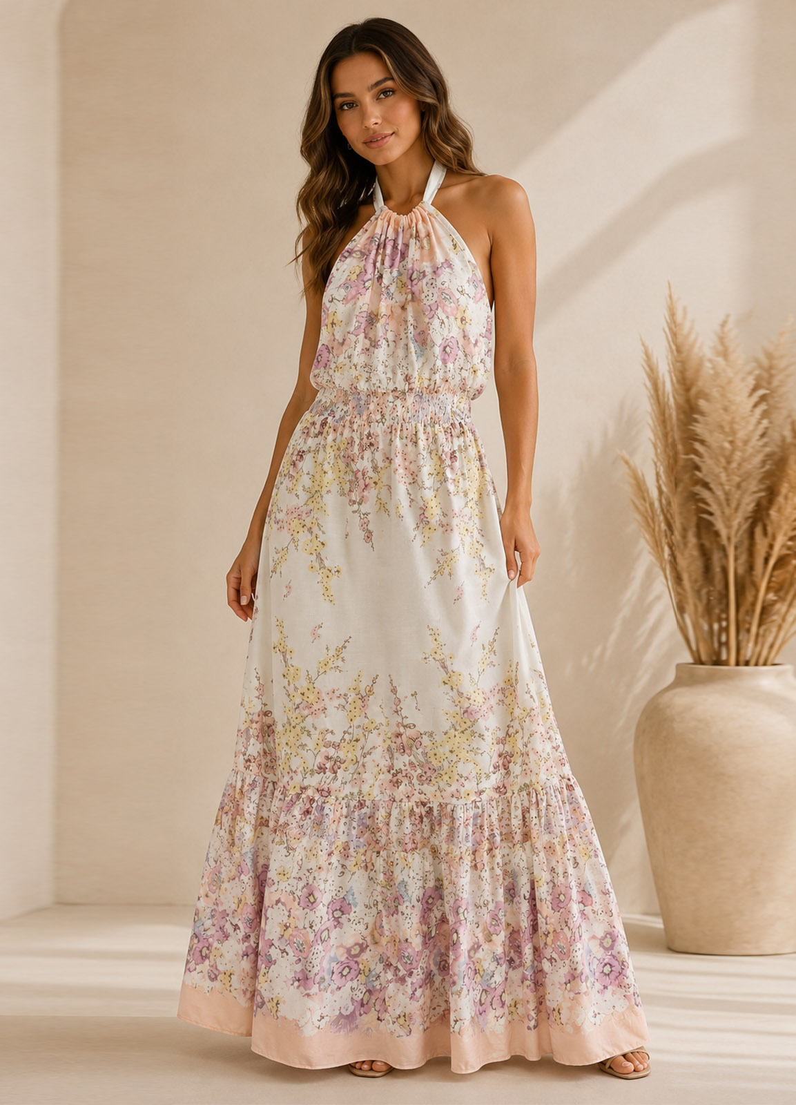 Floral Maxi Φόρεμα Halter με Ανοιχτή Πλάτη 