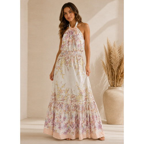 Floral Maxi Φόρεμα Halter με Ανοιχτή Πλάτη 