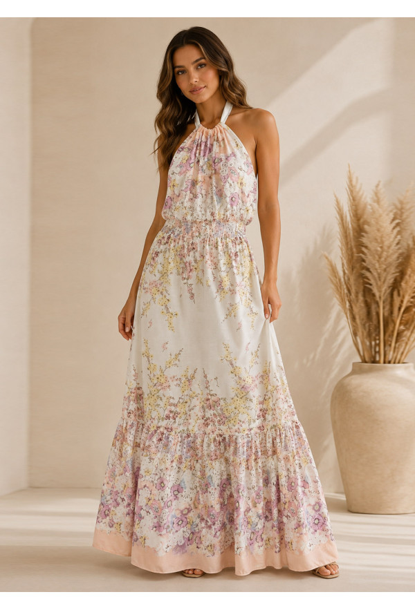 Floral Maxi Φόρεμα Halter με Ανοιχτή Πλάτη 
