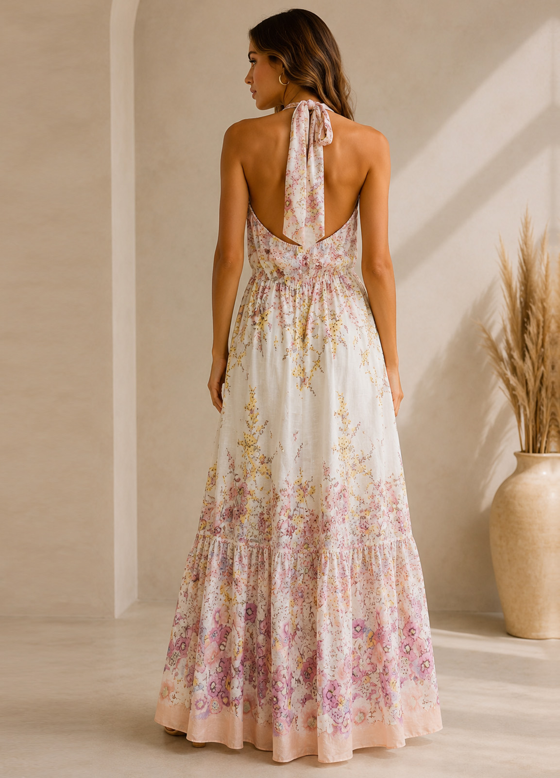 Floral Maxi Φόρεμα Halter με Ανοιχτή Πλάτη 