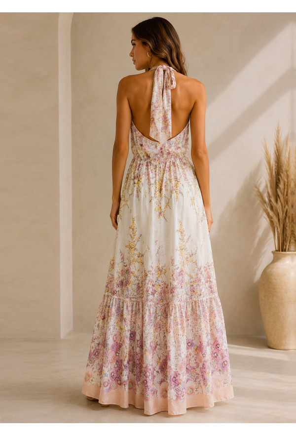 Floral Maxi Φόρεμα Halter με Ανοιχτή Πλάτη 