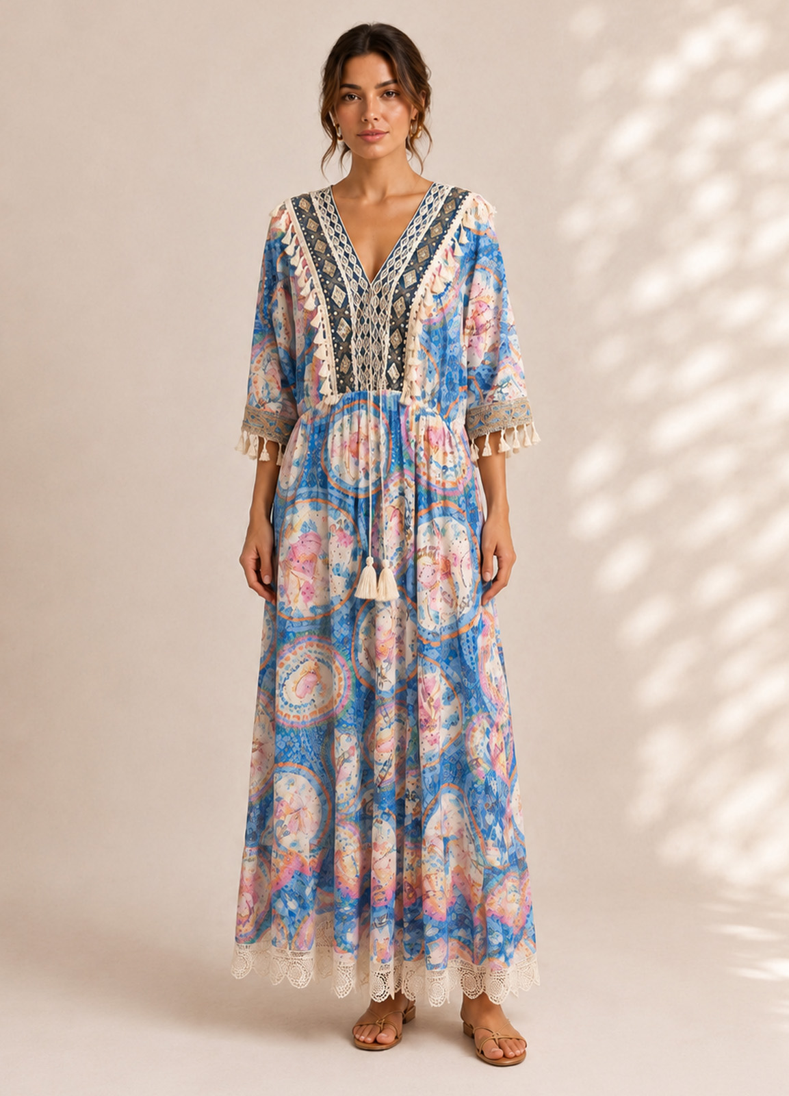 Maxi Boho Φόρεμα με Κεντημένες Παγιέτες & Διακοσμητικά Φουντάκια