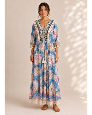 Maxi Boho Φόρεμα με Κεντημένες Παγιέτες & Διακοσμητικά Φουντάκια