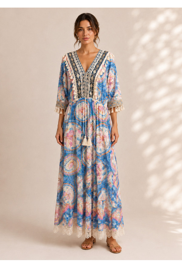 Maxi Boho Φόρεμα με Κεντημένες Παγιέτες & Διακοσμητικά Φουντάκια