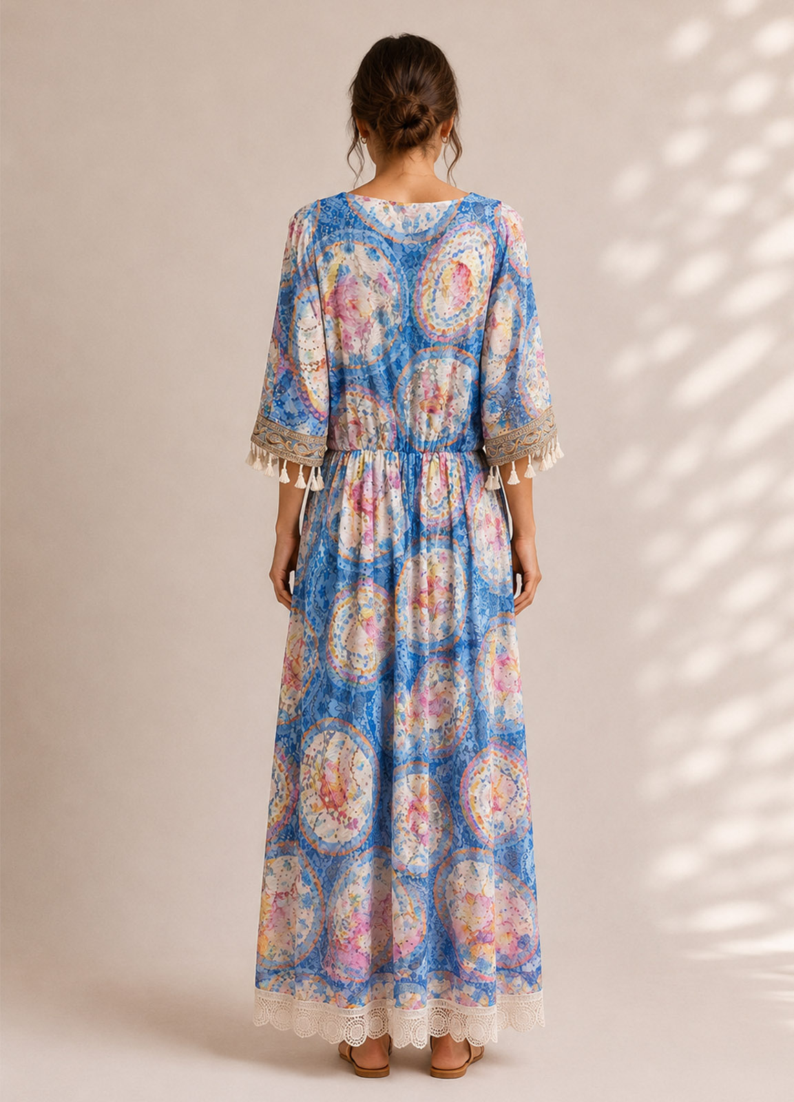 Maxi Boho Φόρεμα με Κεντημένες Παγιέτες & Διακοσμητικά Φουντάκια