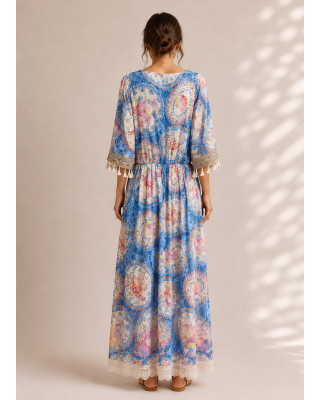 Maxi Boho Φόρεμα με Κεντημένες Παγιέτες & Διακοσμητικά Φουντάκια