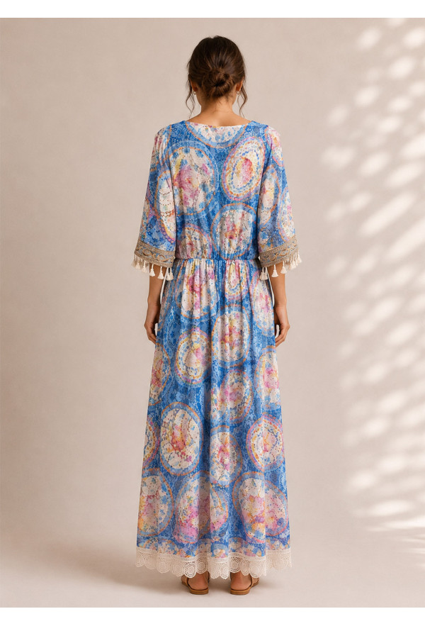 Maxi Boho Φόρεμα με Κεντημένες Παγιέτες & Διακοσμητικά Φουντάκια