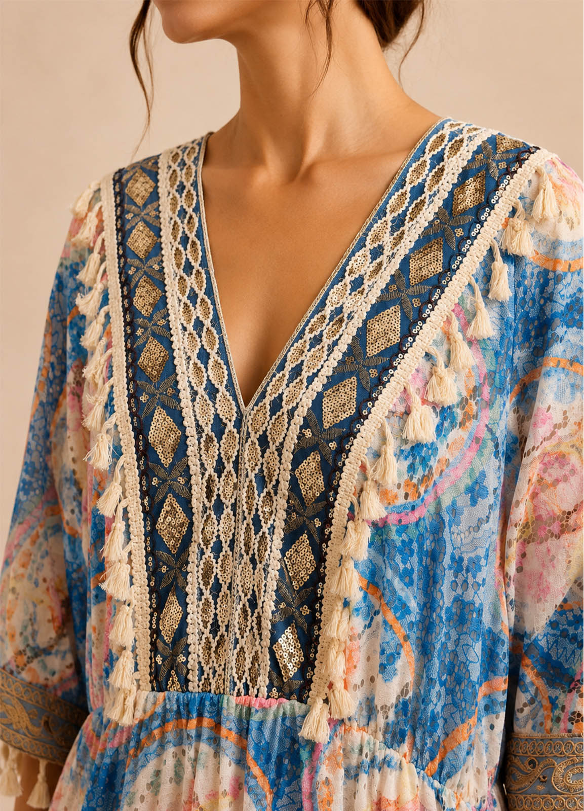 Maxi Boho Φόρεμα με Κεντημένες Παγιέτες & Διακοσμητικά Φουντάκια