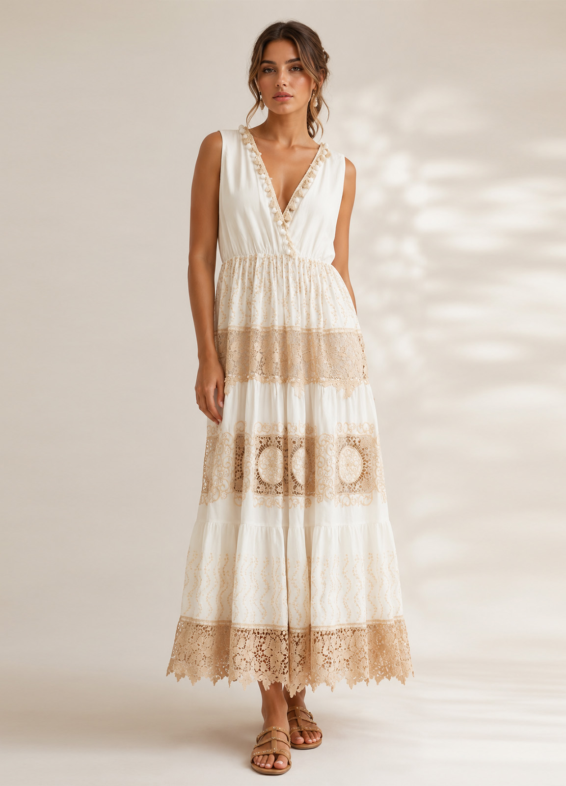 Boho Maxi Φόρεμα Κρουαζέ με Δαντέλα & Κέντημα Εκρού