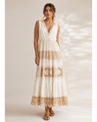 Boho Maxi Φόρεμα Κρουαζέ με Δαντέλα & Κέντημα Εκρού