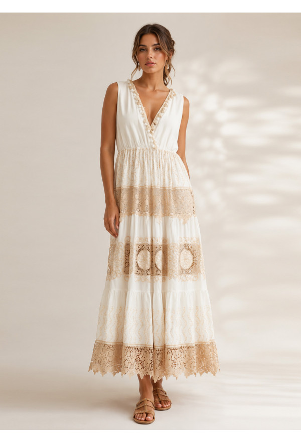 Boho Maxi Φόρεμα Κρουαζέ με Δαντέλα & Κέντημα Εκρού