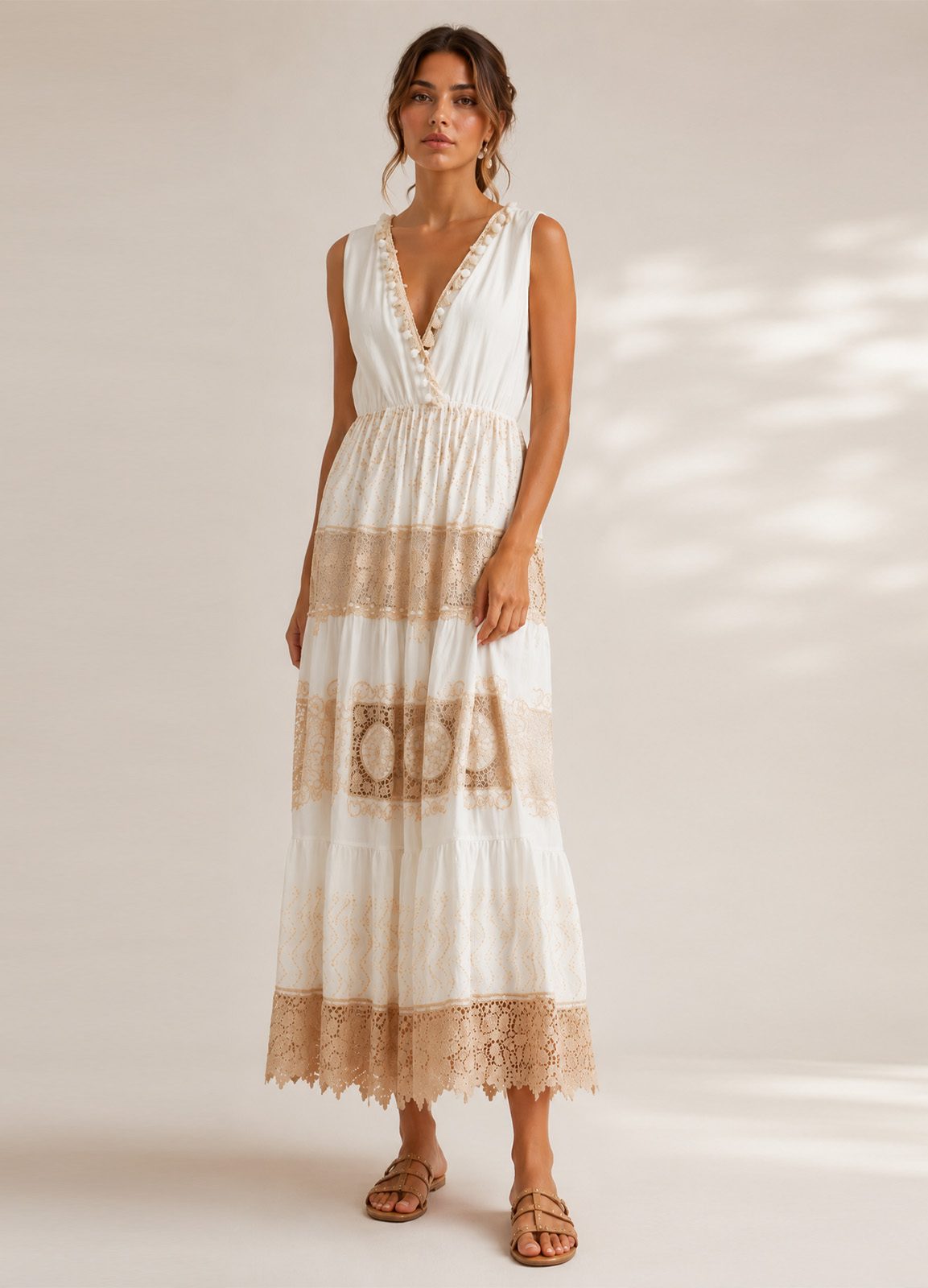 Boho Maxi Φόρεμα Κρουαζέ με Δαντέλα & Κέντημα Εκρού