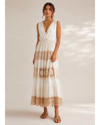 Boho Maxi Φόρεμα Κρουαζέ με Δαντέλα & Κέντημα Εκρού
