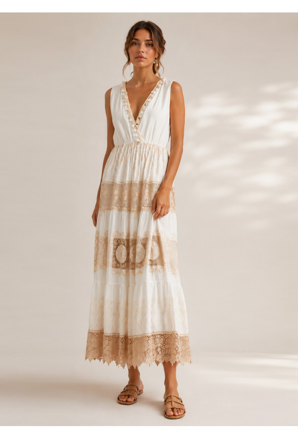 Boho Maxi Φόρεμα Κρουαζέ με Δαντέλα & Κέντημα Εκρού