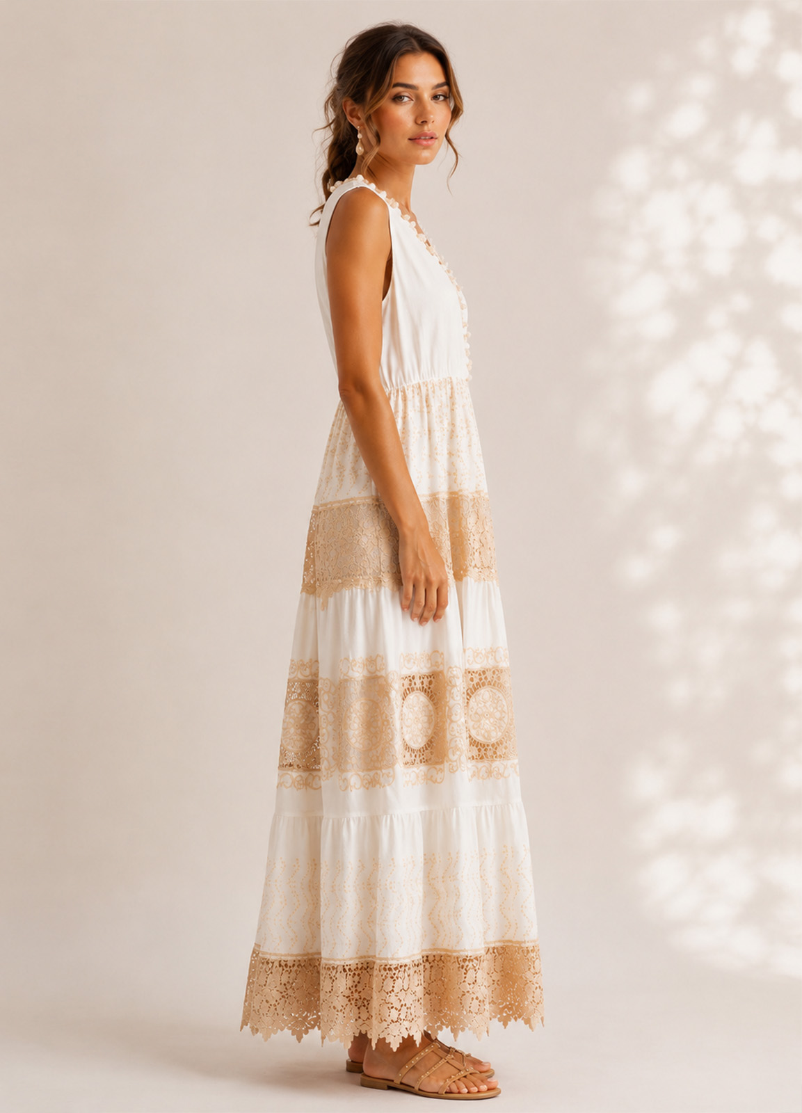 Boho Maxi Φόρεμα Κρουαζέ με Δαντέλα & Κέντημα Εκρού