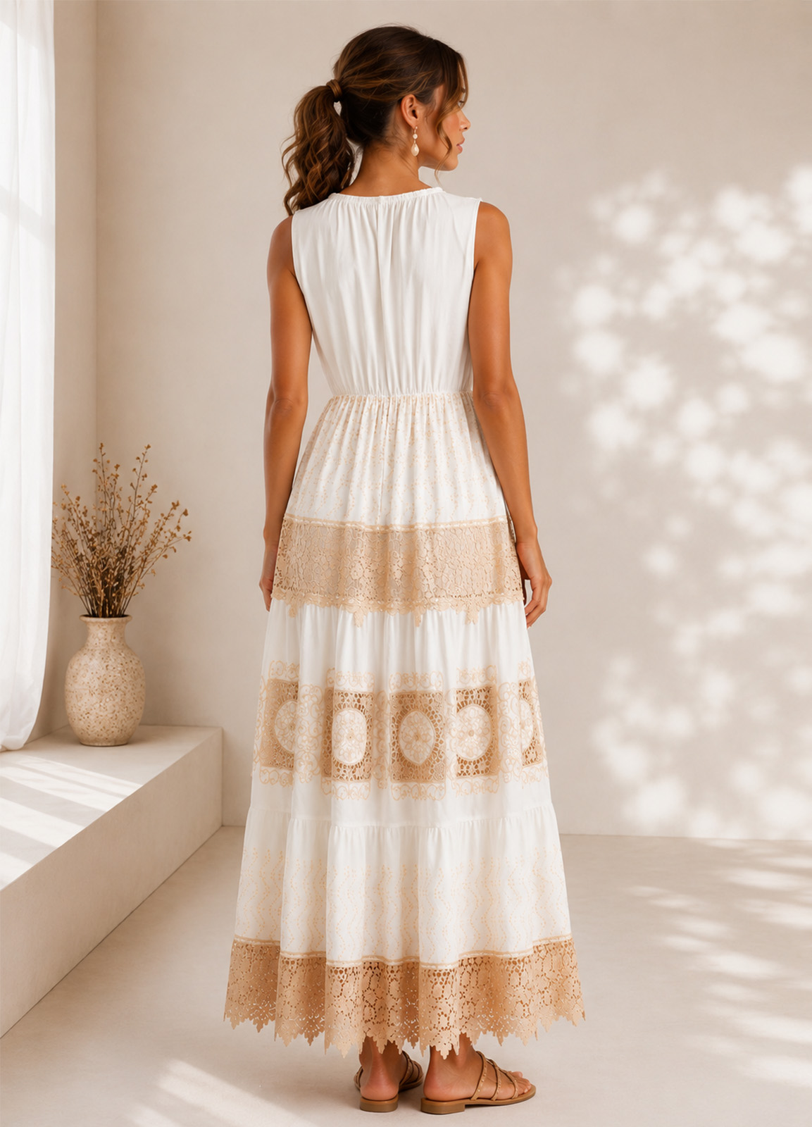 Boho Maxi Φόρεμα Κρουαζέ με Δαντέλα & Κέντημα Εκρού
