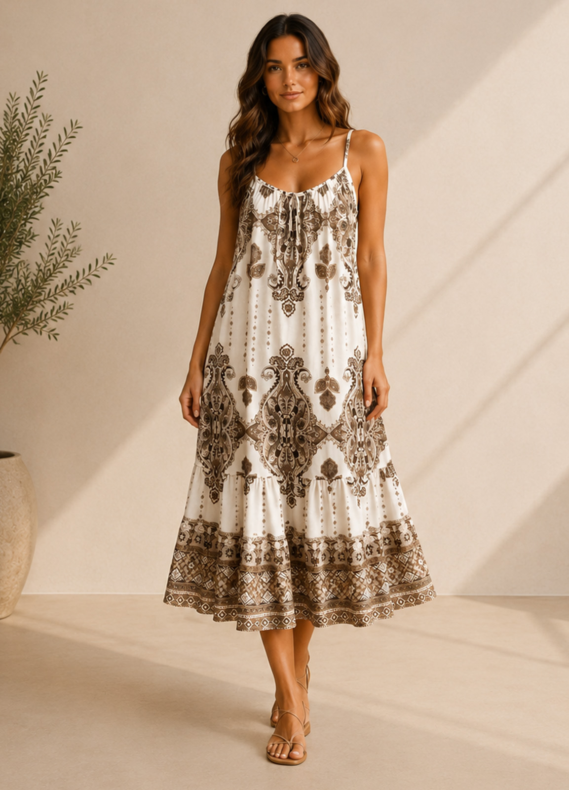 Midi Boho Φόρεμα με Paisley Print & Ανοιχτή Πλάτη - Εκρού