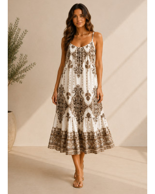 Midi Boho Φόρεμα με Paisley Print & Ανοιχτή Πλάτη - Εκρού