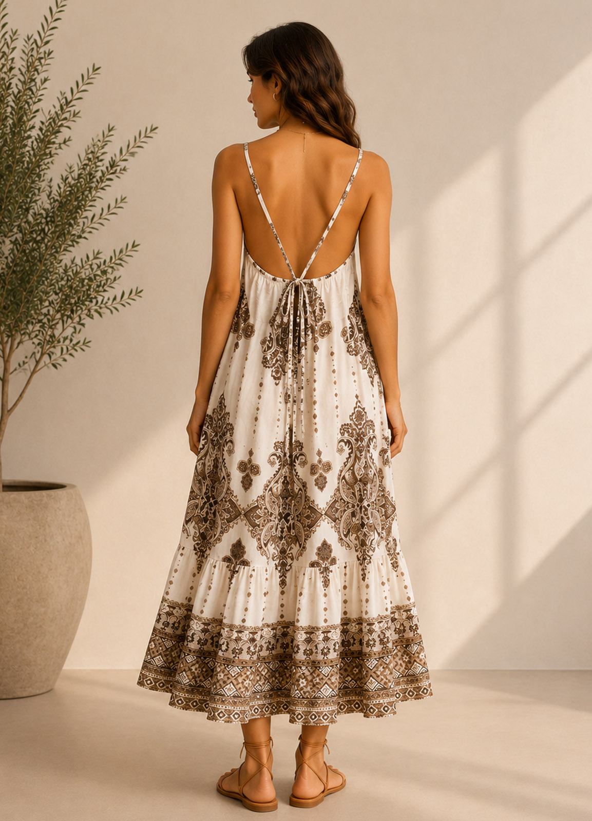 Midi Boho Φόρεμα με Paisley Print & Ανοιχτή Πλάτη - Εκρού
