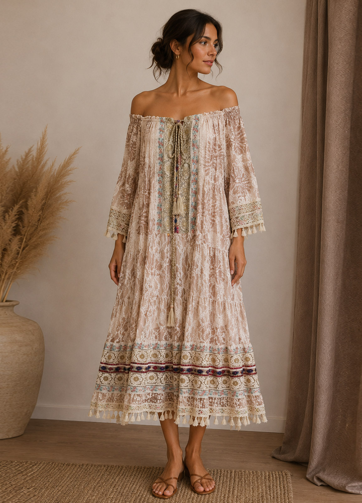 Boho Midi Φόρεμα Δαντέλα με Κέντημα