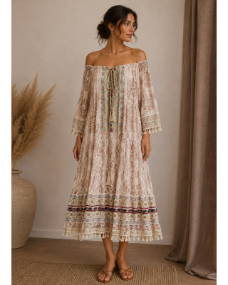 Boho Midi Φόρεμα Δαντέλα με Κέντημα
