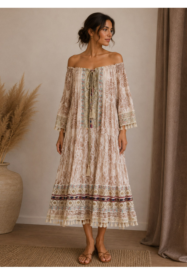 Boho Midi Φόρεμα Δαντέλα με Κέντημα
