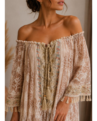 Boho Midi Φόρεμα Δαντέλα με Κέντημα