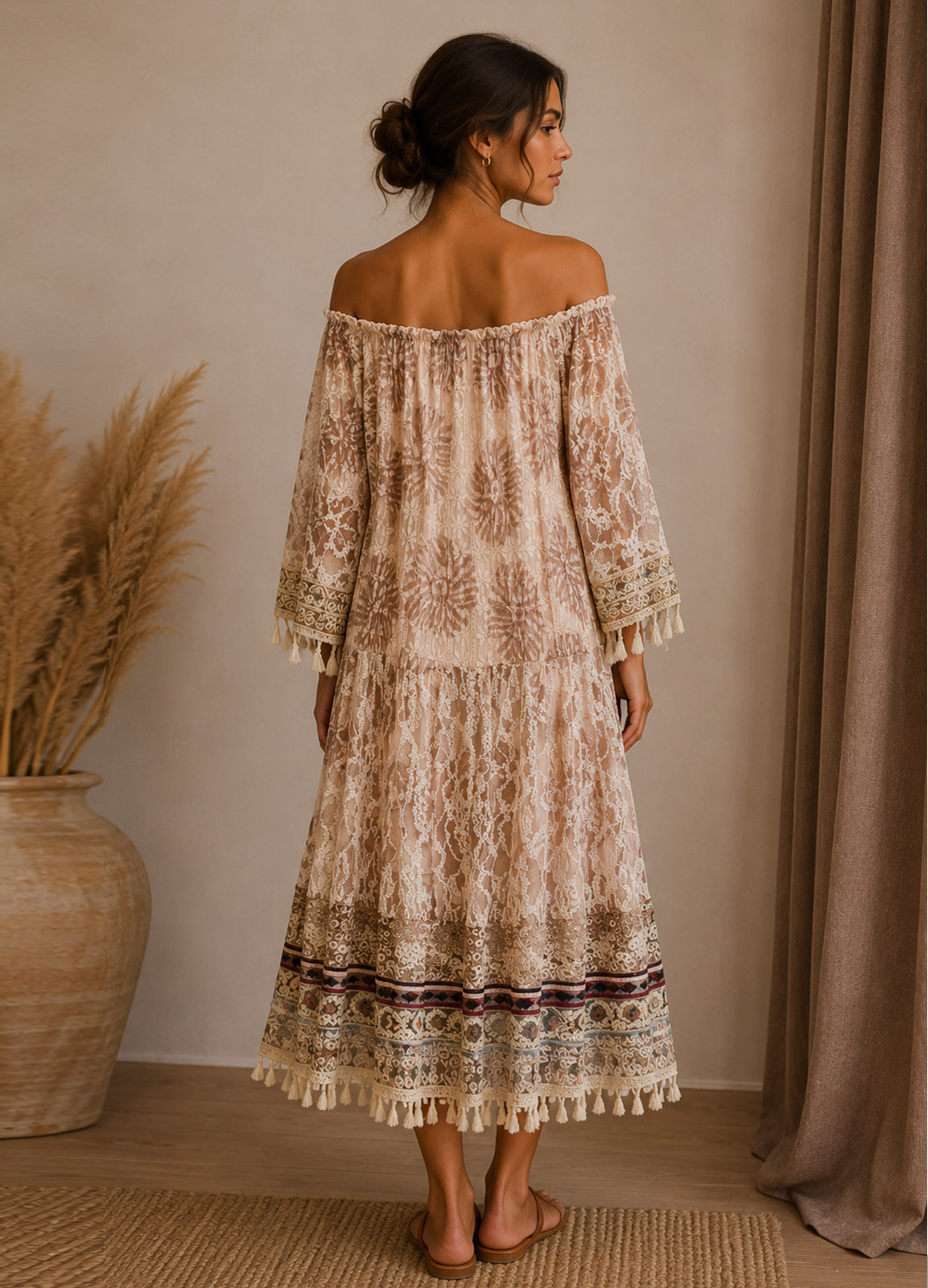 Boho Midi Φόρεμα Δαντέλα με Κέντημα