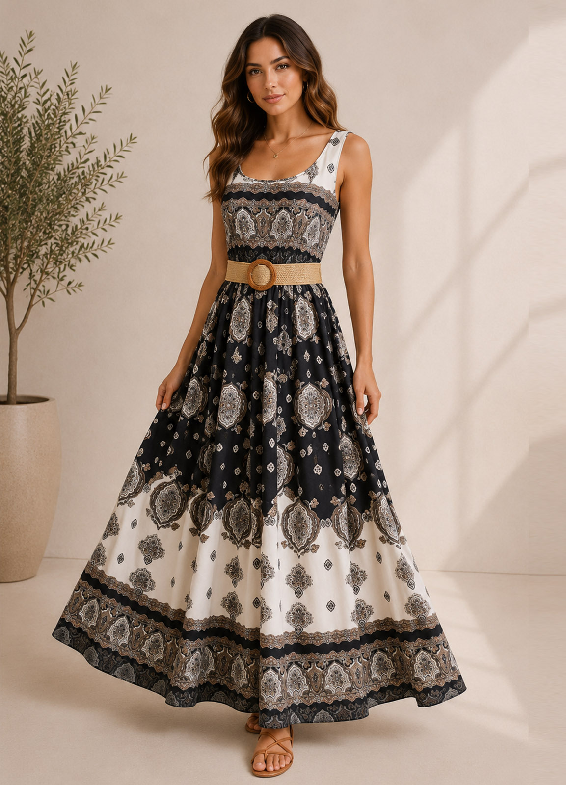 Maxi Boho Φόρεμα με Ethnic Print & Ζώνη Black