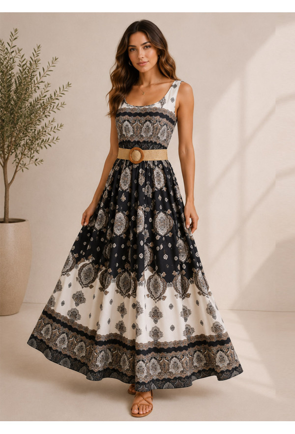 Maxi Boho Φόρεμα με Ethnic Print & Ζώνη Black