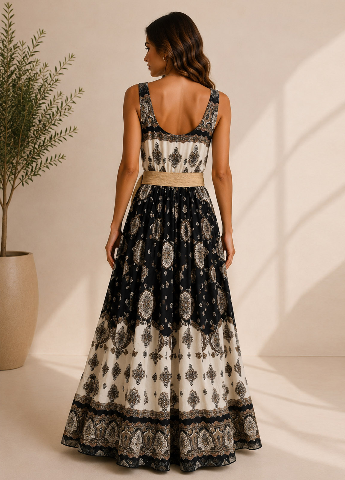 Maxi Boho Φόρεμα με Ethnic Print & Ζώνη Black