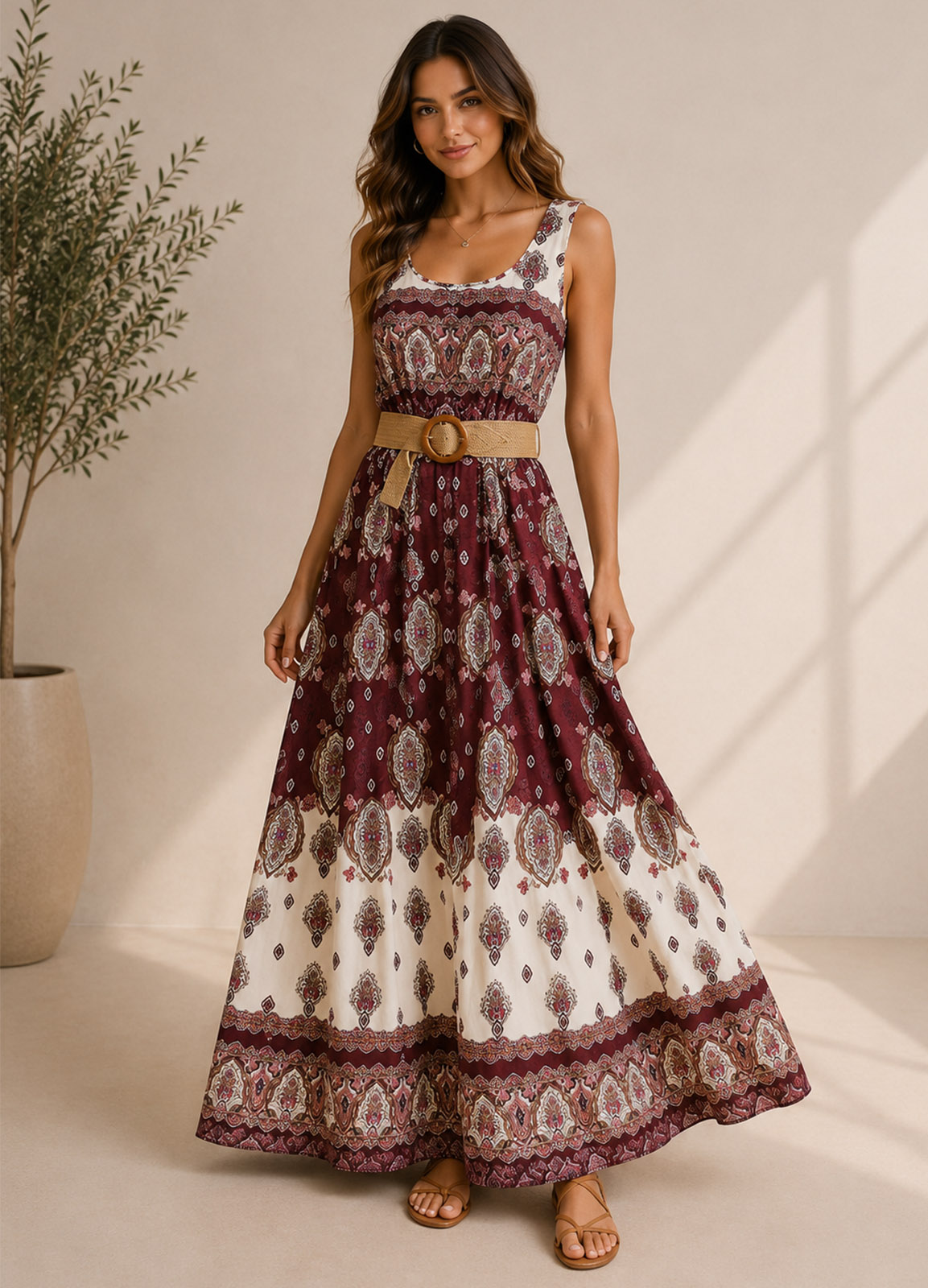Maxi Boho Φόρεμα με Ethnic Print & Ζώνη Bordeaux