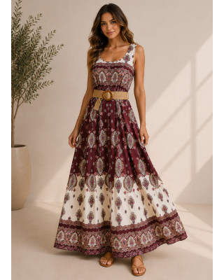 Maxi Boho Φόρεμα με Ethnic Print & Ζώνη Bordeaux