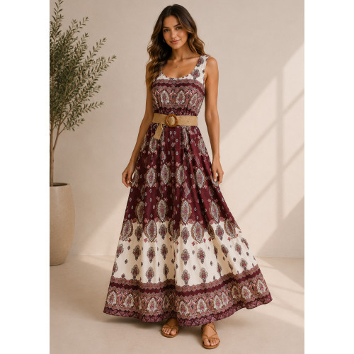 Maxi Boho Φόρεμα με Ethnic Print & Ζώνη Bordeaux
