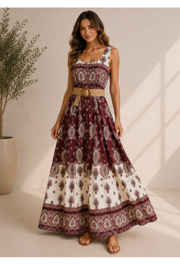 Maxi Boho Φόρεμα με Ethnic Print & Ζώνη Bordeaux