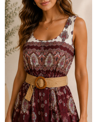 Maxi Boho Φόρεμα με Ethnic Print & Ζώνη Bordeaux