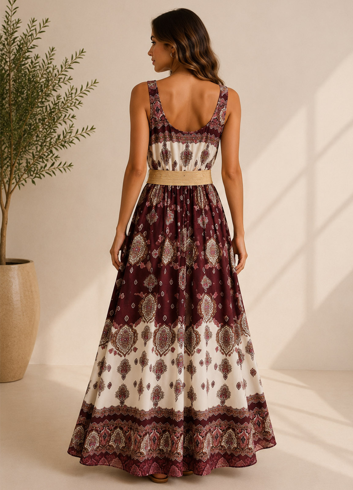 Maxi Boho Φόρεμα με Ethnic Print & Ζώνη Bordeaux