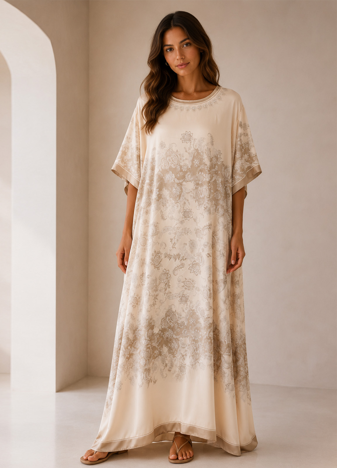 10Maxi Satin Oversized Φόρεμα με Baroque Print σε Εκρού & Μπεζ