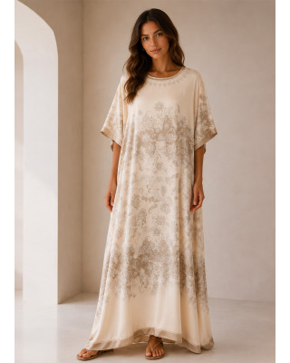 10Maxi Satin Oversized Φόρεμα με Baroque Print σε Εκρού & Μπεζ