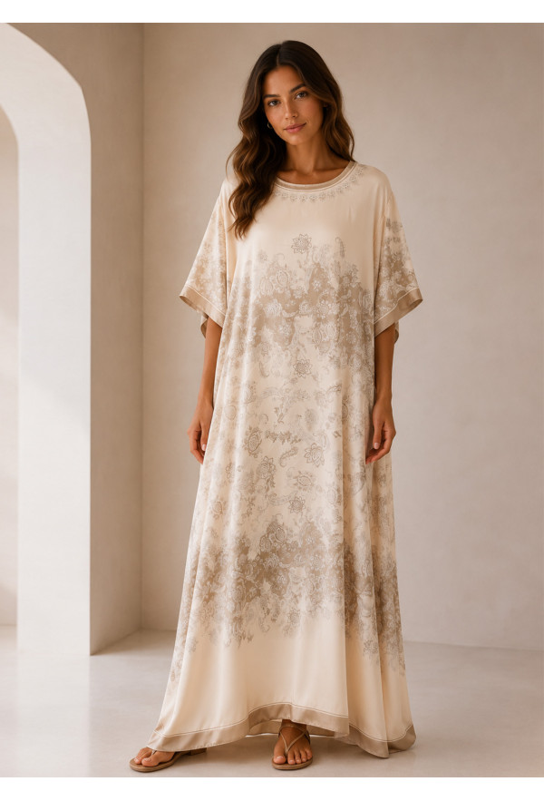10Maxi Satin Oversized Φόρεμα με Baroque Print σε Εκρού & Μπεζ