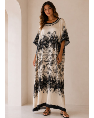 Maxi Satin Oversized Φόρεμα με Baroque Print σε Εκρού & Μαύρο