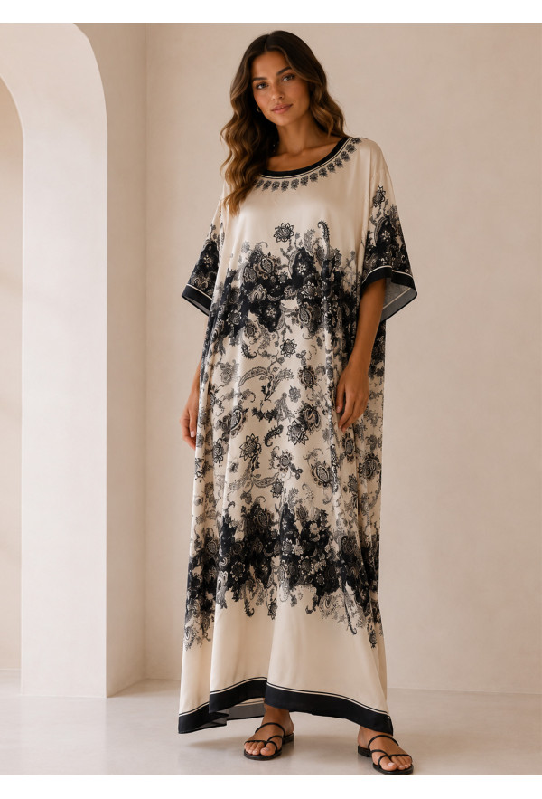 Maxi Satin Oversized Φόρεμα με Baroque Print σε Εκρού & Μαύρο
