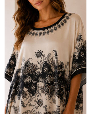 Maxi Satin Oversized Φόρεμα με Baroque Print σε Εκρού & Μαύρο