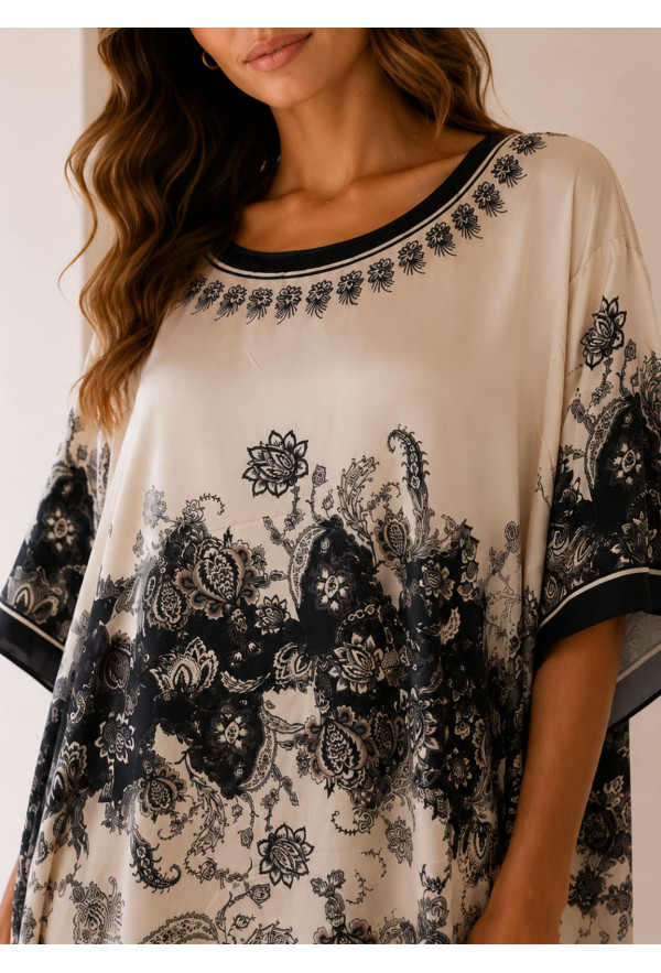 Maxi Satin Oversized Φόρεμα με Baroque Print σε Εκρού & Μαύρο