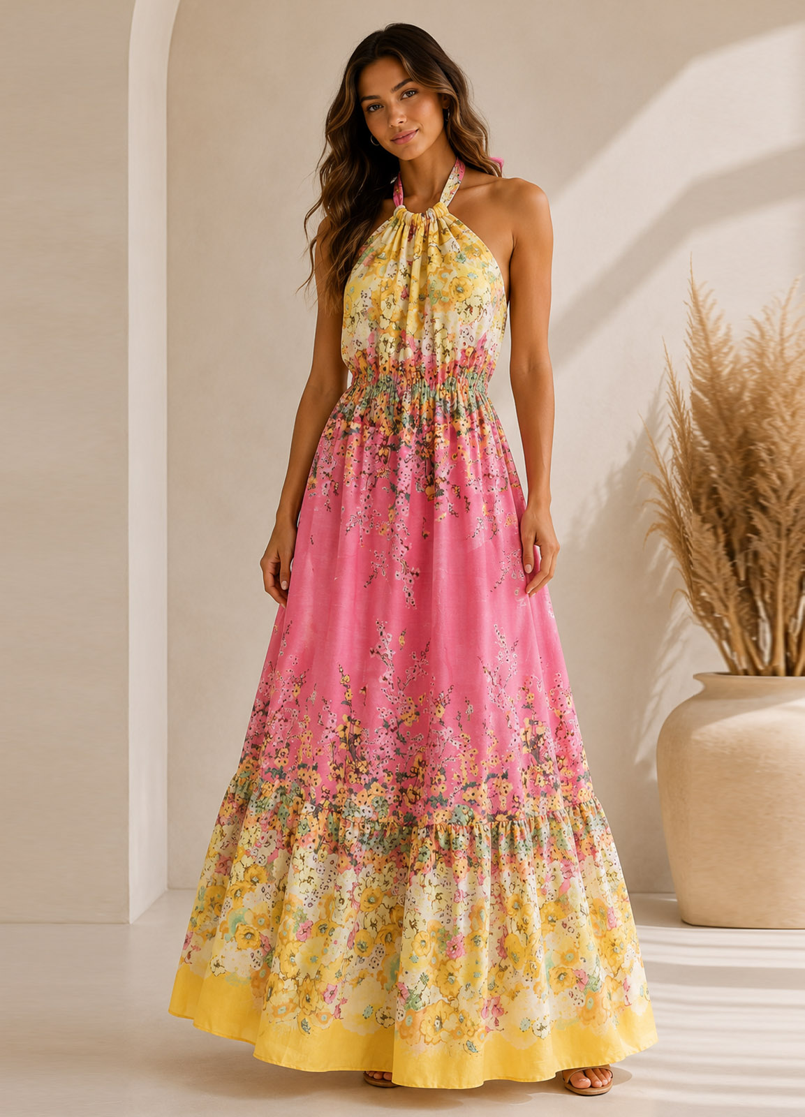 Floral Maxi Φόρεμα Halter με Ανοιχτή Πλάτη 