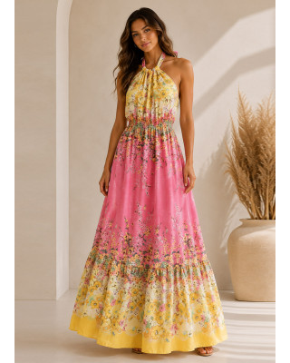 Floral Maxi Φόρεμα Halter με Ανοιχτή Πλάτη 