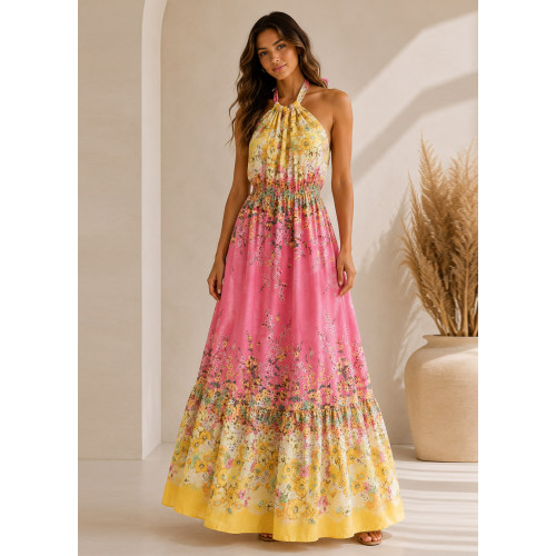 Floral Maxi Φόρεμα Halter με Ανοιχτή Πλάτη 