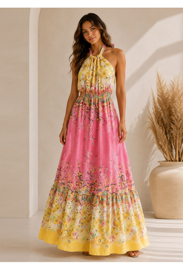 Floral Maxi Φόρεμα Halter με Ανοιχτή Πλάτη 